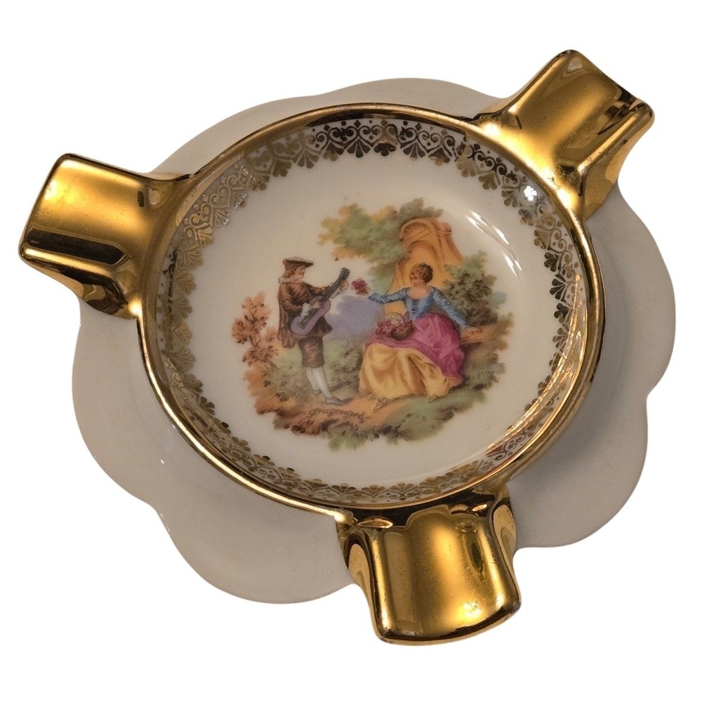 Vintage Limoges France Porcelain Ashtray Gold‎ Gilt Romantic Couple Trinket Dish
